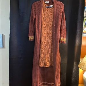 Orange lace dress with floor length crocheted cardigan